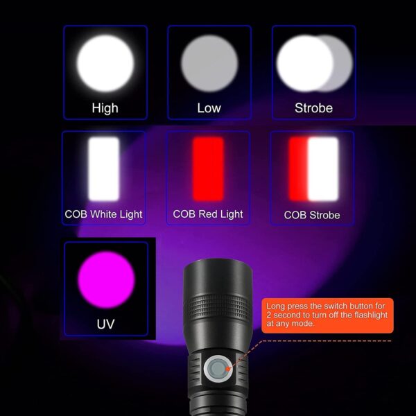 7 Modes Waterproof Rechargeable UV Light Flashlight Torch for Camping - Image 3