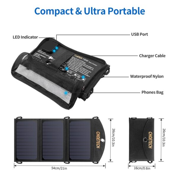 CHOETECH SC001 19W Portable Solar Panel Charger SunPower Panels Dual USB Charger for Camping/RV/Outdoors - Image 2