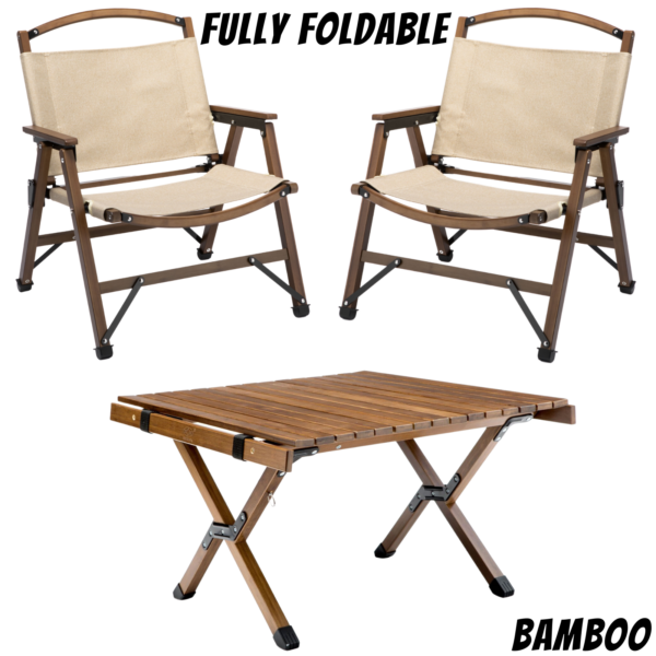 Bamboo Foldable Camping Table + 2 Chairs Waterproof Wood Wooden Travel Set Kit - Image 2